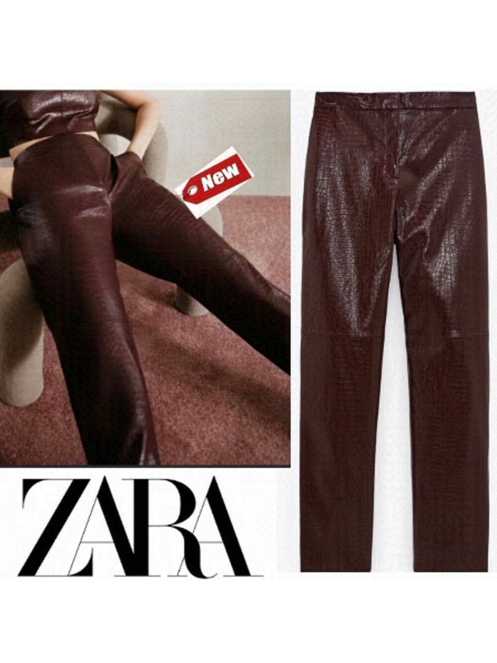 Zara maroon burgundy croc embossed faux leather high waisted pants Sz XS NWT